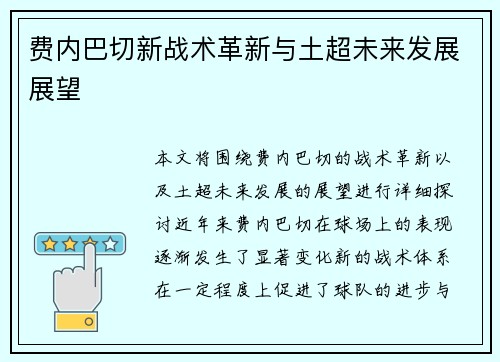 费内巴切新战术革新与土超未来发展展望 费内巴切新战术革新与土超未来发展展望